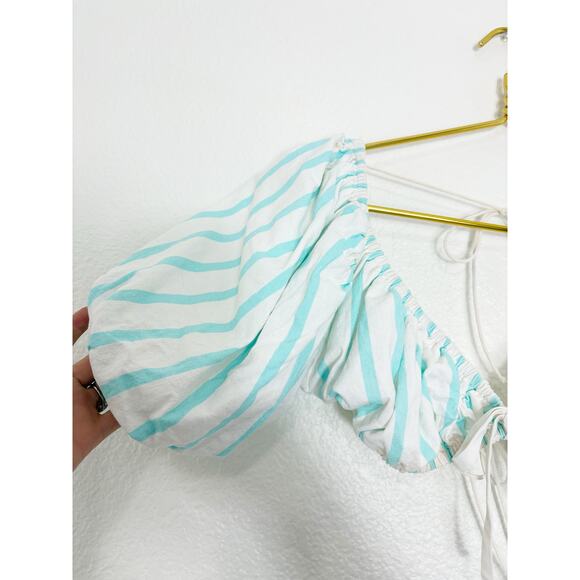 For Love & Lemons Myla Crop Top Size Large Tie Back Striped Puff Sleeve Preppy - Picture 7 of 12